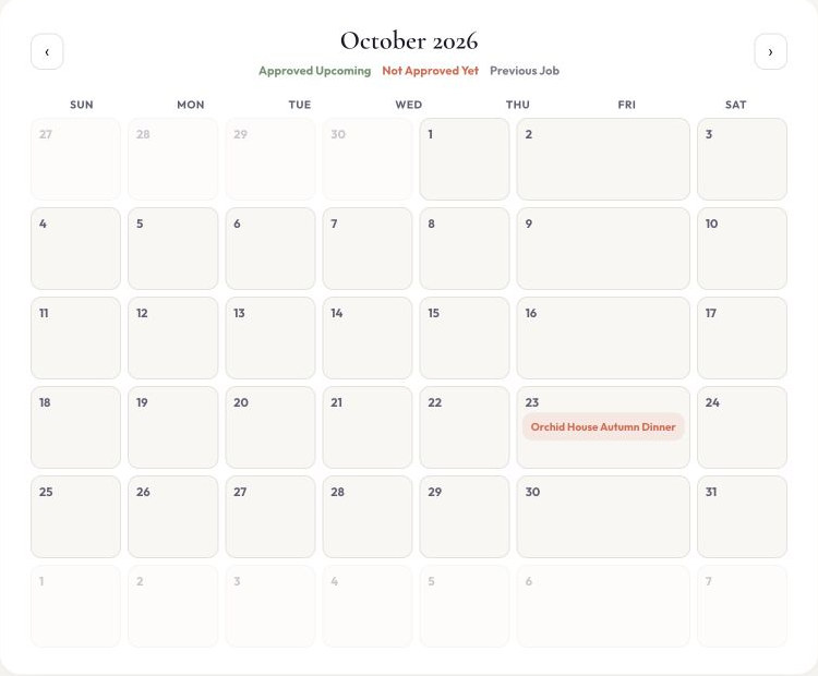 The client's October 2026 calendar with the fictional autumn dinner on Friday the 23rd, marked as not approved yet.