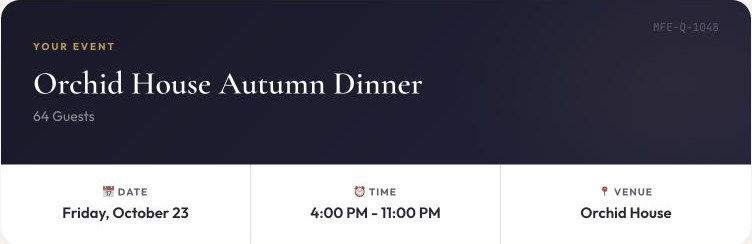 The client's event card for the same fictional dinner, showing the event name, 64 guests, Friday, October 23, 4:00 PM to 11:00 PM, and the venue.