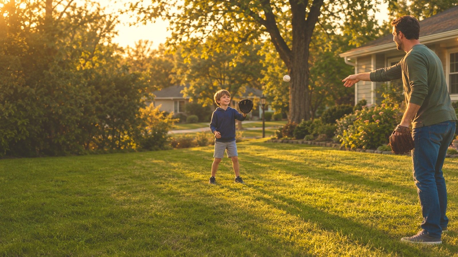 Late afternoon in a backyard. A man in a green shirt stands on the right with a baseball glove on one hand, having just tossed a ball underhand. A young boy in a blue hoodie waits on the grass with his glove raised and the ball in the air between them. Nobody is holding a phone.