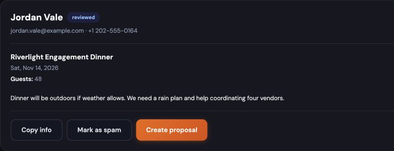 A submitted request in the owner's inbox for a different fictional event, showing the contact, the event name, the date, and the guest count.