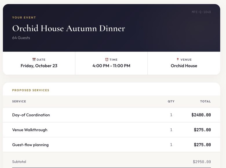 The client's private proposal page for a fictional autumn dinner, showing the date, the time, the venue, three proposed services, and the subtotal.