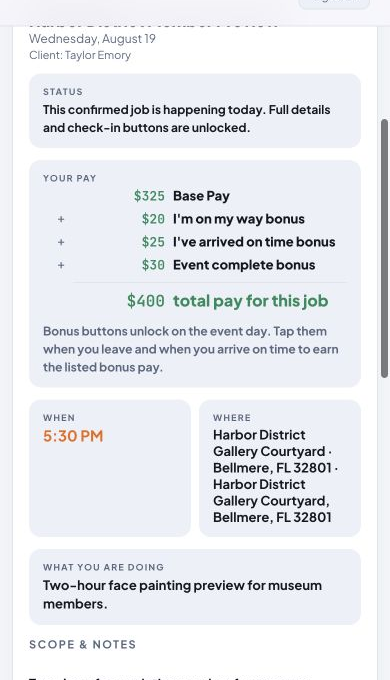 A contractor's job page on a phone for a fictional confirmed job, showing the pay for the role with its bonuses, the start time, and where to go.
