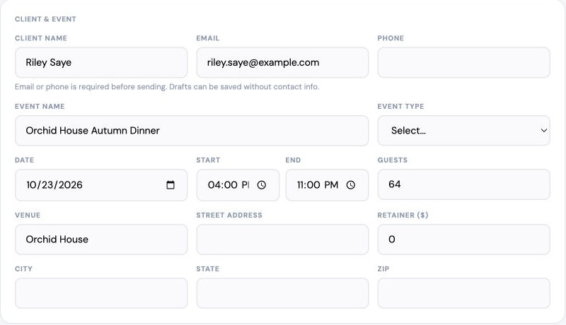 The owner's client and event record for a fictional autumn dinner: client name and email, event name, the date of October 23, 2026, the time, 64 guests, and the venue.