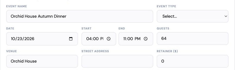 A proposal being written, with the event name, the date of October 23, 2026, the 4:00 to 11:00 PM time, 64 guests, and the venue already filled in.