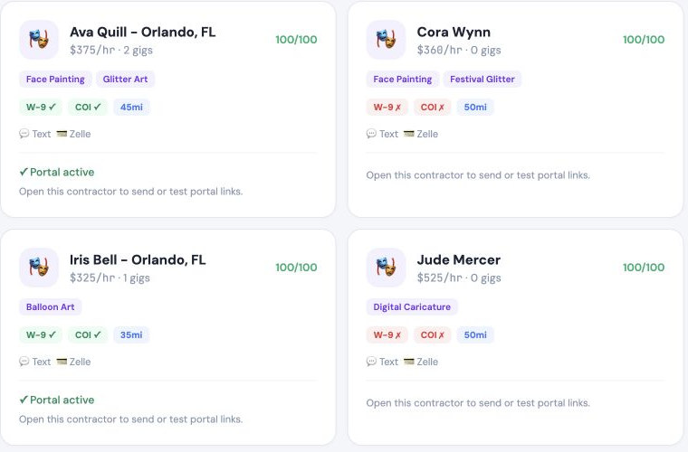Four fictional contractors on a roster, each with their specialties, rate, travel range, and whether their W-9 and insurance are on file.